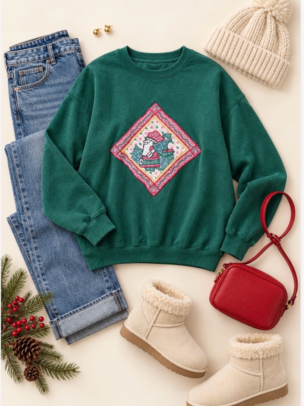 Vintage Christmas Sweatshirt with Embroidered Appliqué